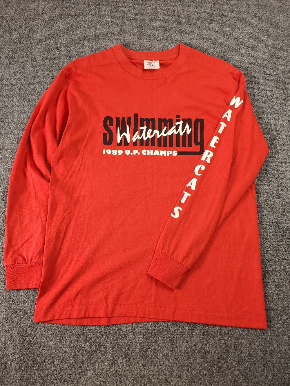 Vintage 1989 Hef-T Watercats Swimming Long Sleeve Tee Large Cotton Red UP Champs